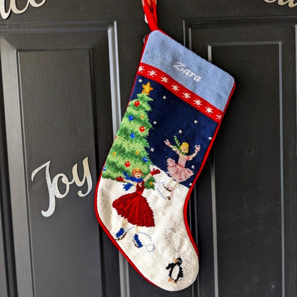 Vintage Needlepoint Christmas Stocking Velvet "Zara"